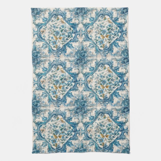 Linge De Cuisine Bleu Or & Blanc Carrelage Talavera Azulejo Aspect  (Vertical)
