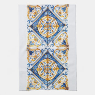 Linge De Cuisine Bleu or et blanc Talavera Azulejo Carrelage Look