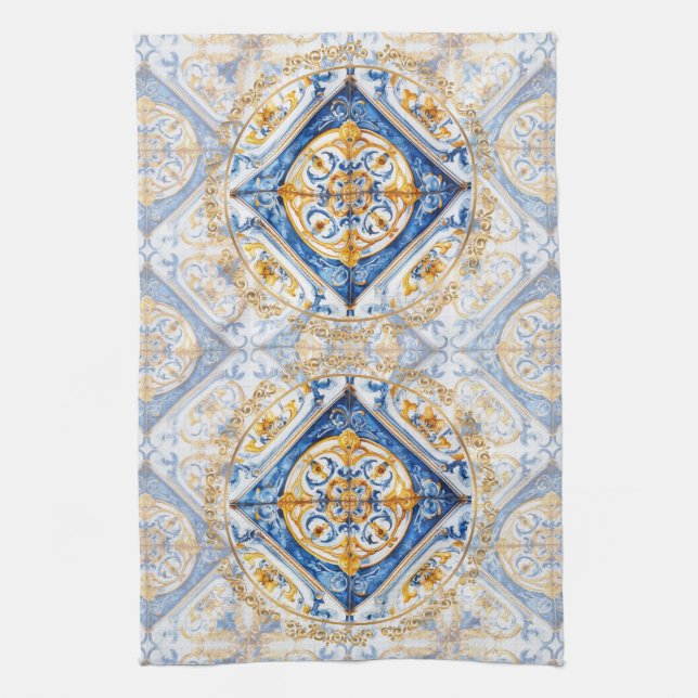 Linge De Cuisine Bleu or et blanc Talavera Azulejo Carrelage Look (Vertical)