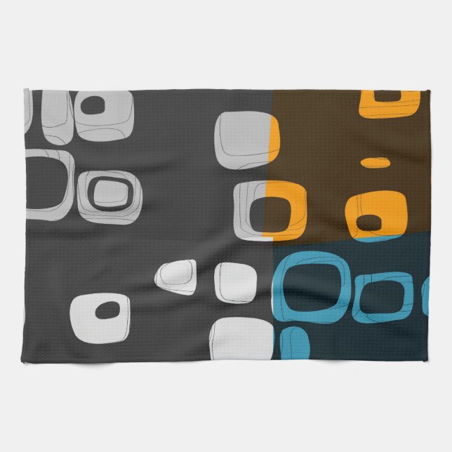 Linge De Cuisine Bleu, orange, gris rétro Art Abstrait (Horizontal)