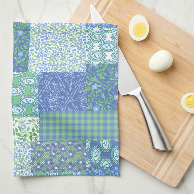Linge De Cuisine Bleu Périwinkle Floral Boho Faux Motif Patchwork (Quart Plié)