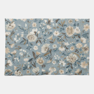 Linge De Cuisine Bleu Poussiéreux Marron Crème Floral Cottage
