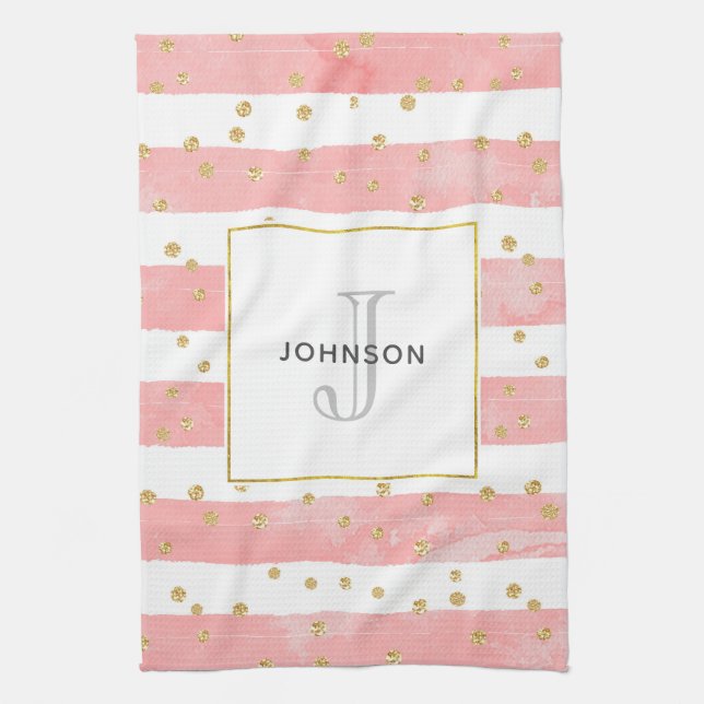 Linge De Cuisine Bleu rose | Faux Gold Confetti Monogramme (Vertical)