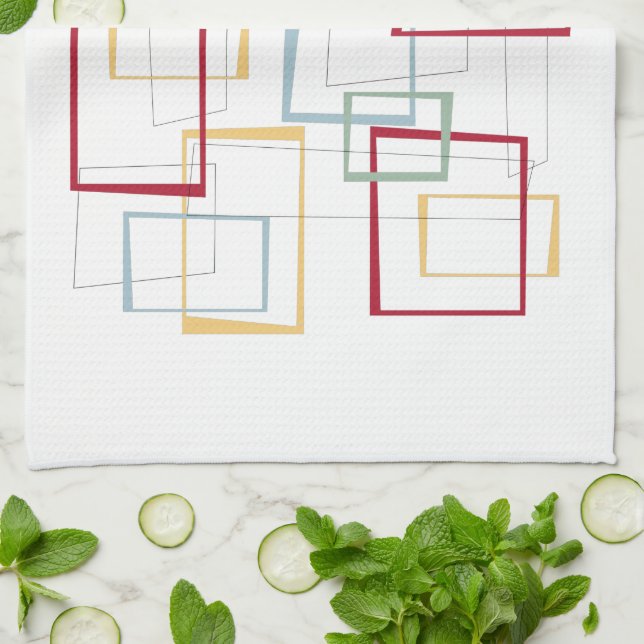 Linge De Cuisine Bleu Rouge Vert Jaune Carré Mi-siècle Rétro (Plié)