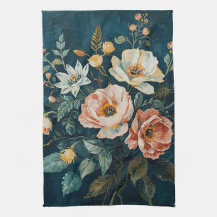 Linge De Cuisine Bleu sarcelle foncé orange floral vintage Cottagec