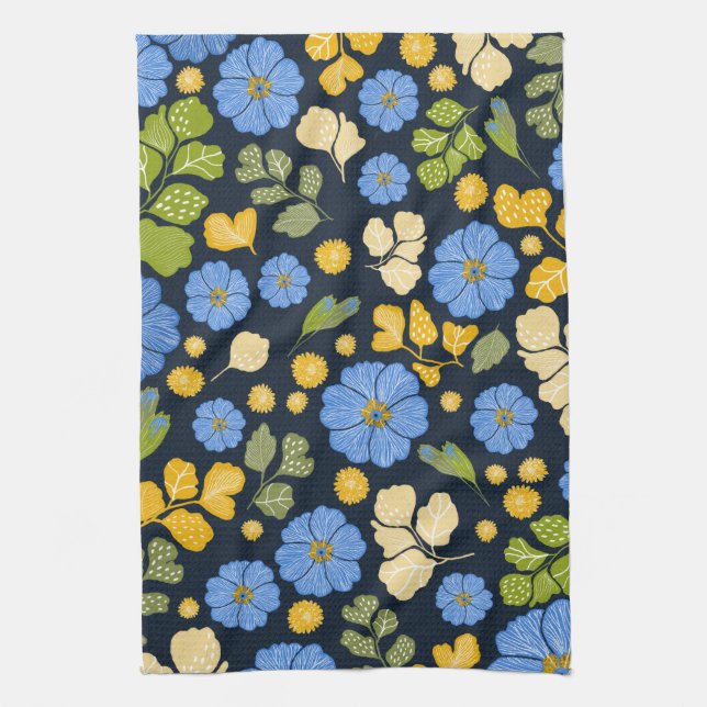 Linge De Cuisine Bleus et fleurs (Vertical)