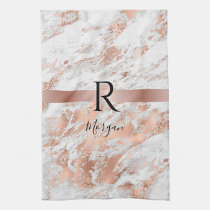 Linge De Cuisine Blk Name/Monogram White & Rose Gold Marble Glitter