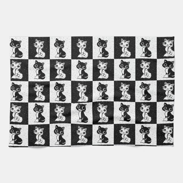 Linge De Cuisine Bloc de monogramme noir blanc pour chat (Horizontal)