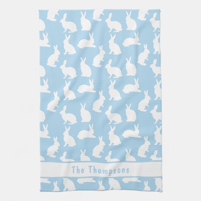Linge De Cuisine Blue And White Bunny Pattern And Name Easter (Vertical)