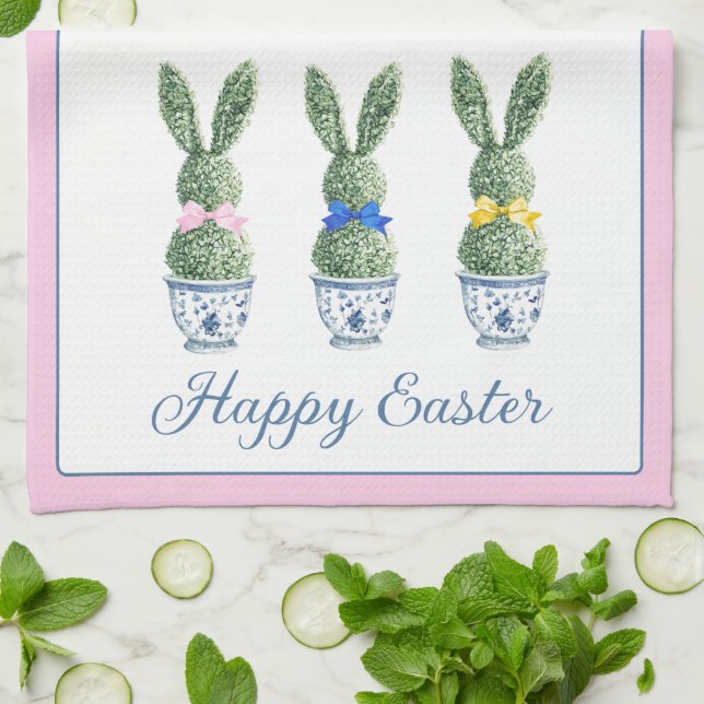 Linge De Cuisine Blue and White Chinoiserie With Rabbit Topiaries (Plié)