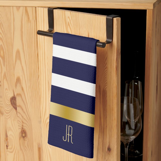 Linge De Cuisine Blue and white stripes pattern gold accents (Pliage en tiers)
