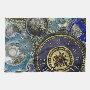 Linge De Cuisine Blue aqua steampunk gears, cogs, clock faces