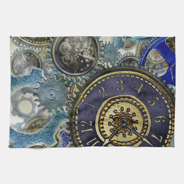 Linge De Cuisine Blue aqua steampunk gears, cogs, clock faces (Horizontal)
