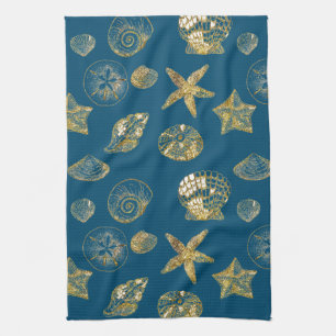 Linge De Cuisine Blue Beach Gold Sea Shells