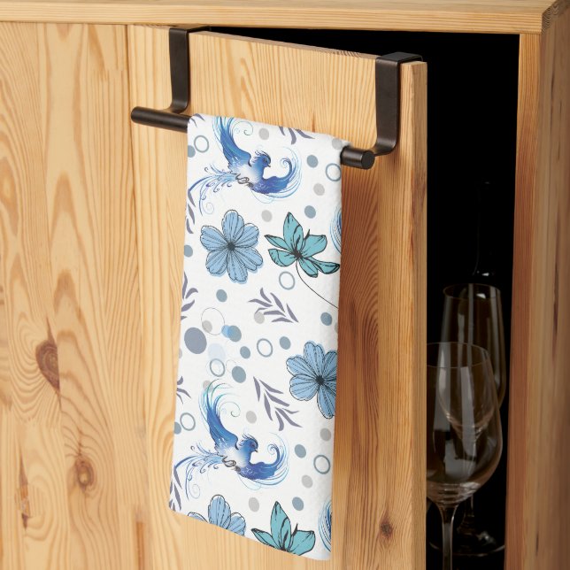 Linge De Cuisine Blue Birds and Floral Harmony Seamless Pattern (Pliage en tiers)