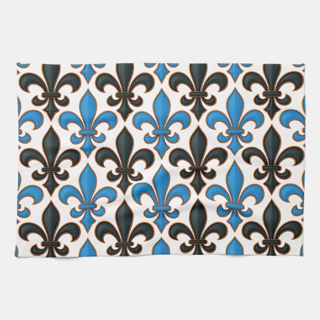 Linge De Cuisine Blue Black Baroque Fleur-de-lis Pattern Design  (Horizontal)