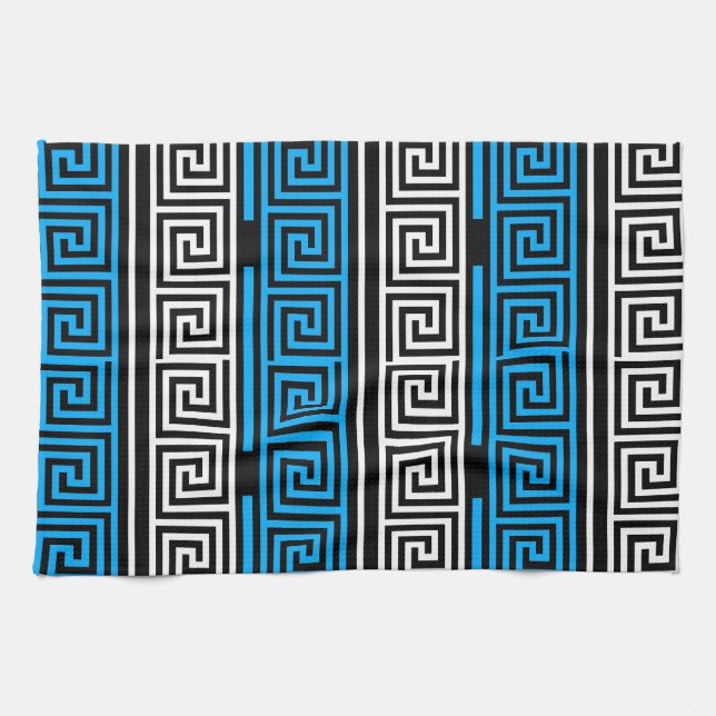 Linge De Cuisine Blue Black White Greek Key Fret Pattern Design  (Horizontal)