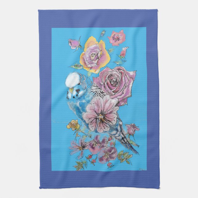 Linge De Cuisine Blue Budgie Cute Whimsical Navy Blue floral Tea (Vertical)