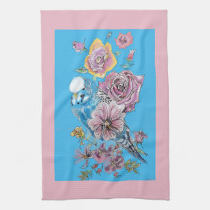 Linge De Cuisine Blue Budgie Cute Whimsical Rose Bleu floral