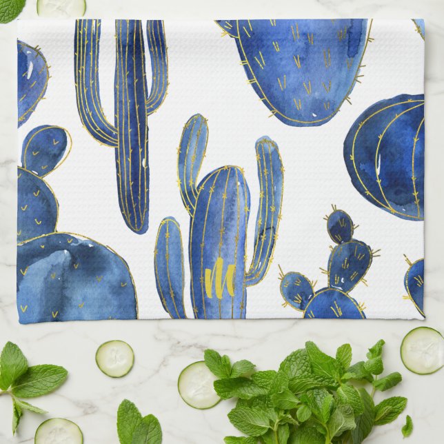 Linge De Cuisine Blue Cactus Art Desert Chic Gold INITIAL Fun (Plié)