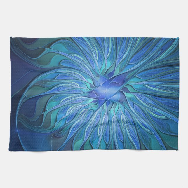 Linge De Cuisine Blue Flower Fantasy Pattern, Abstract Fractal Art (Horizontal)