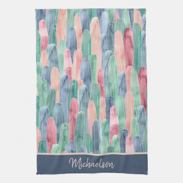 Linge De Cuisine Blue Green Peach Aquarelle Cactus Motif (Vertical)
