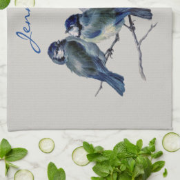 Linge De Cuisine Blue Grey Birds Elegant Aquarelle Nom personnalisé