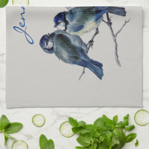 Linge De Cuisine Blue Grey Birds Elegant Aquarelle Nom personnalisé