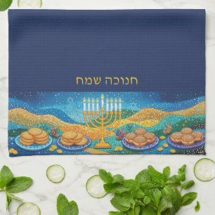 Linge De Cuisine Blue Happy Hanoukka Menorah Food Latkes & Donuts