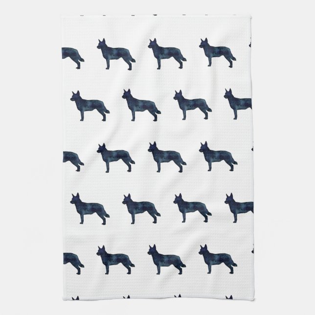 Linge De Cuisine Blue Heeler Chien race Silhouette Aquarelle noire (Vertical)