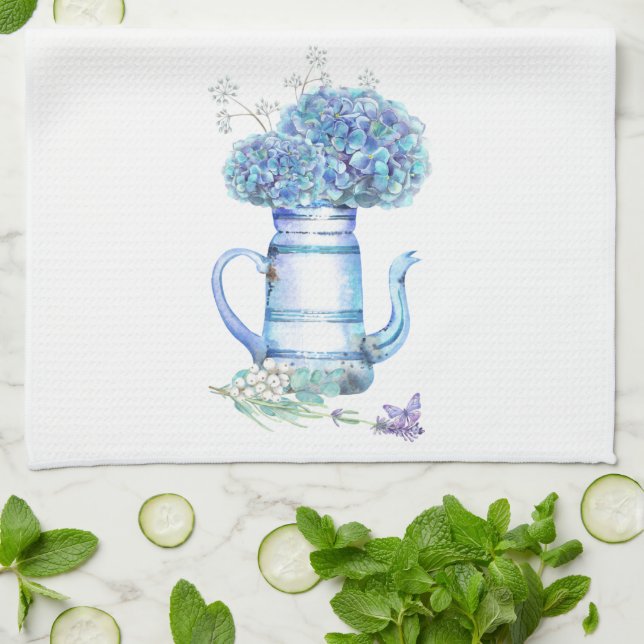 Linge De Cuisine Blue Hydrangea Teapot Farmhouse Pastel Floral (Plié)