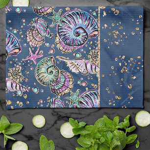 Linge De Cuisine Blue Luxe sous-marin   Coquillages d'or Pastel