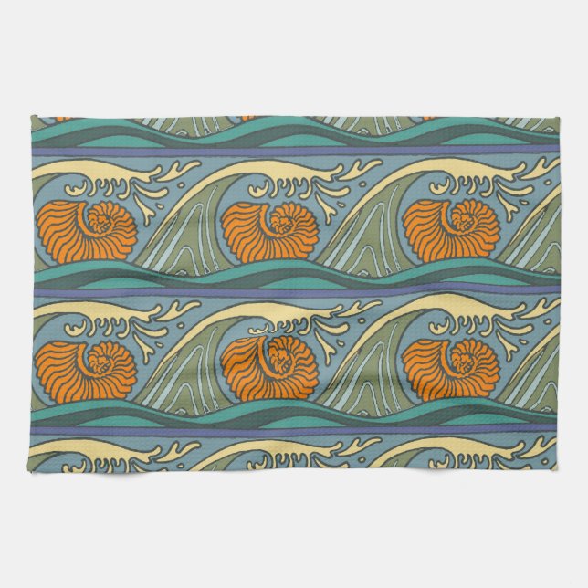 Linge De Cuisine Blue Ocean Waves Nautilus Seashell Motif Nouveau (Horizontal)