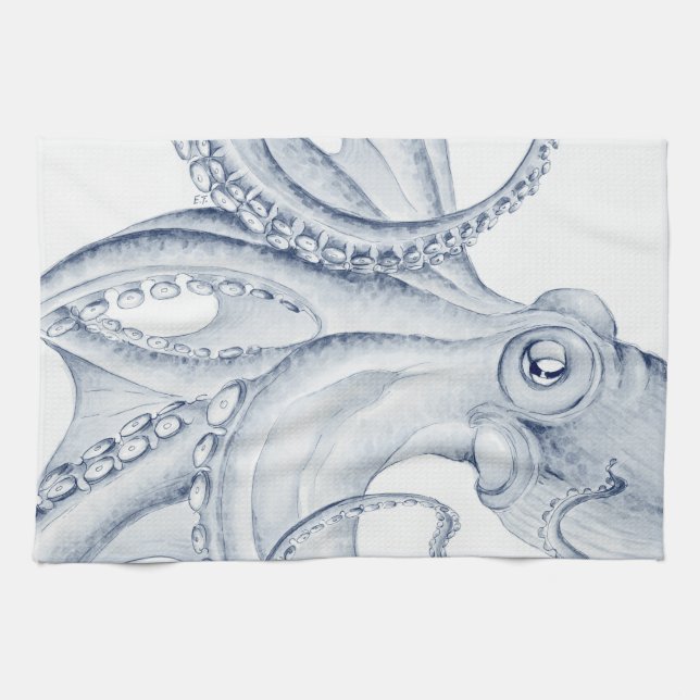 Linge De Cuisine Blue Octopus Cephalopode Kraken Ink (Horizontal)