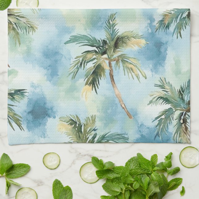 Linge De Cuisine Blue Skies Tropical Island Palm Trees   (Plié)