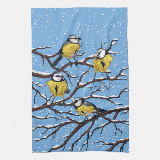 Linge De Cuisine Blue tit birds en hiver (Vertical)