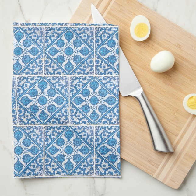 Linge De Cuisine Blue White Delft Cornflower Faux Carrelage Motif (Quart Plié)