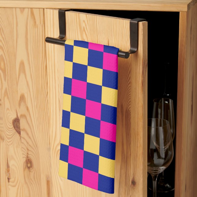 Linge De Cuisine Blue Yellow Pink Checkered Pattern Design  (Pliage en tiers)
