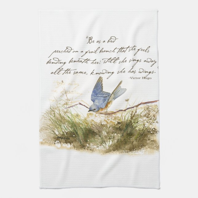 Linge De Cuisine Bluebird on Branch Inspiration poem Aquarelle (Vertical)
