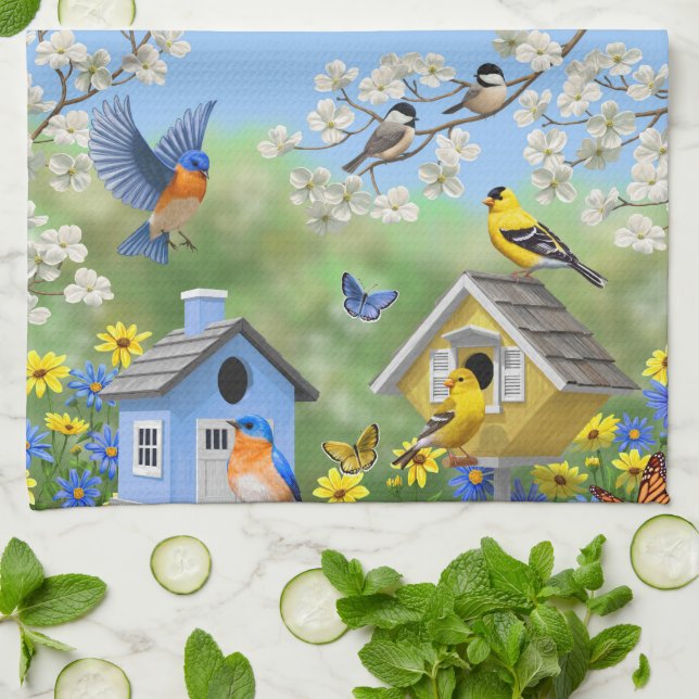 Linge De Cuisine Bluebirds Goldfinches Birdhouses Jardin aux fleurs (Plié)