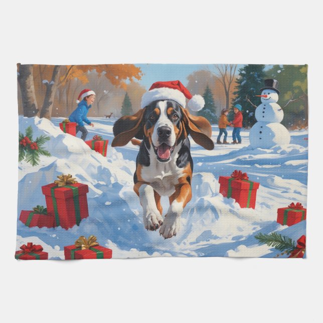 Linge De Cuisine Bluetick Coonhound courant dans la neige avec Noël (Horizontal)