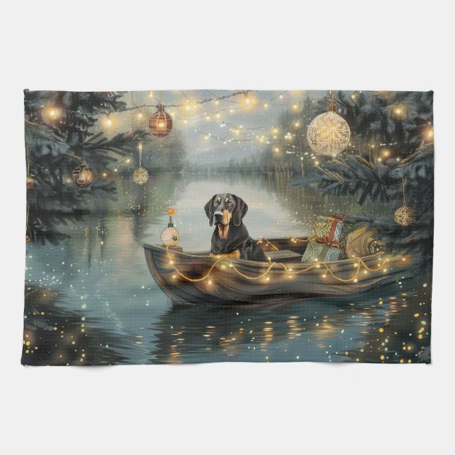 Linge De Cuisine Bluetick Coonhound Noël Festive Voyage (Horizontal)