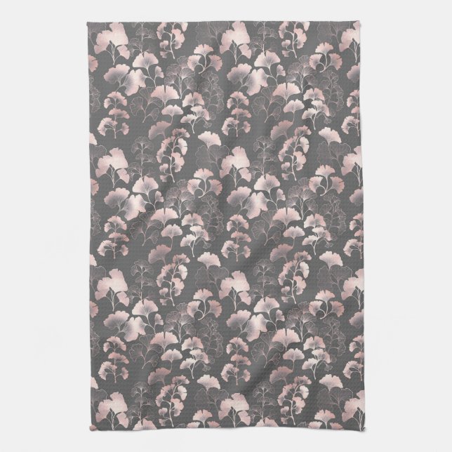 Linge De Cuisine Blush Ginkgo Luxe – Botanique dorée sur fond noir (Vertical)