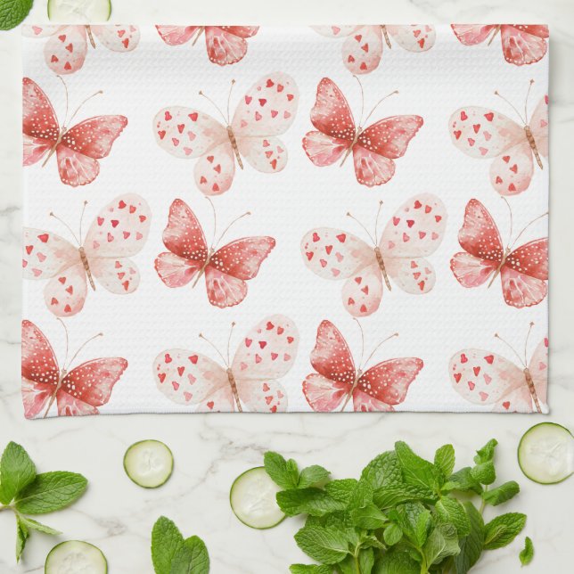 Linge De Cuisine Blush Pink Red Butterflies   (Plié)