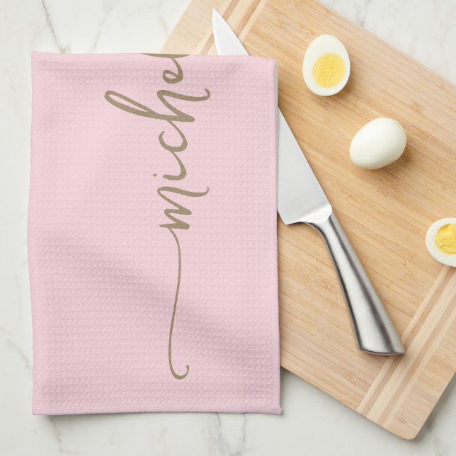 Linge De Cuisine Blush Rose Monogramme Prénom Calligraphie Dorée Sc (Quart Plié)