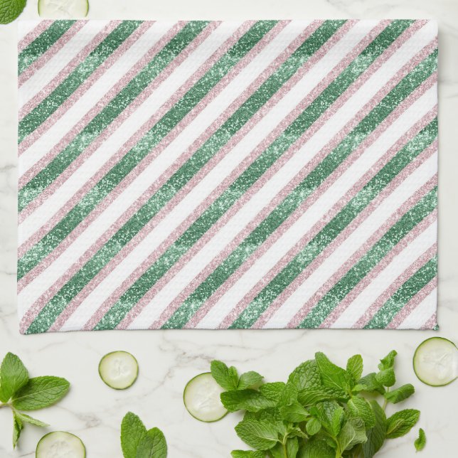 Linge De Cuisine Blush Rose Vert Pailleté Rayures Noël   (Plié)