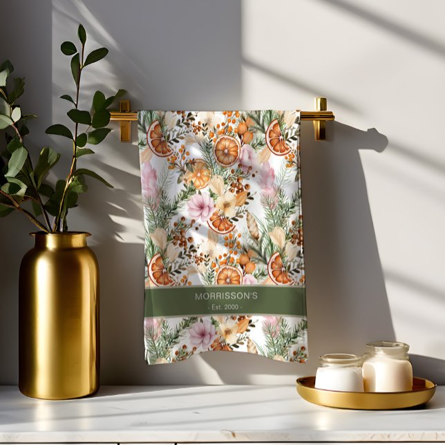 Linge De Cuisine Bohème bohème rustique hiver agrumes Noël (Rustic bohemian botanical winter citrus practical Christmas gifts personalized Kitchen Towel)