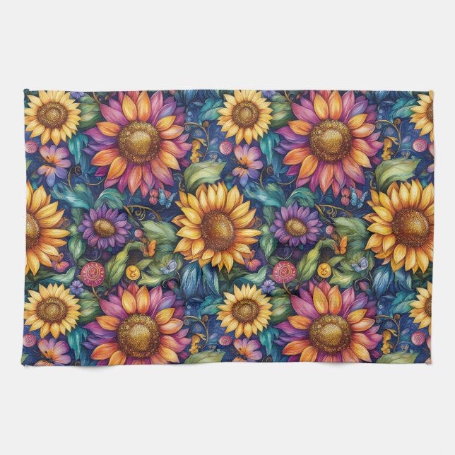 Linge De Cuisine Bohème Floral Dreamscape Vibrant Motif (Horizontal)