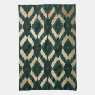 Linge De Cuisine Bohême Gold Forest Green Ikat Motif