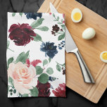 Linge De Cuisine Boho Bloom | Burgundy Rouge et bleu marine Motif<br><div class="desc">Sophistiqué boho chic aquarelle fleurie à la main avec magnifique marsala bordeaux rouge et rose vif fleurs rayonnantes avec accent bleu marine embellissé par le laurier botanique et le brillant diamant rouge foncé. De la collection "Boho Bloom", cette disposition présente de riches fleurs sauvages bohèmes avec des feuilles de verdure...</div>